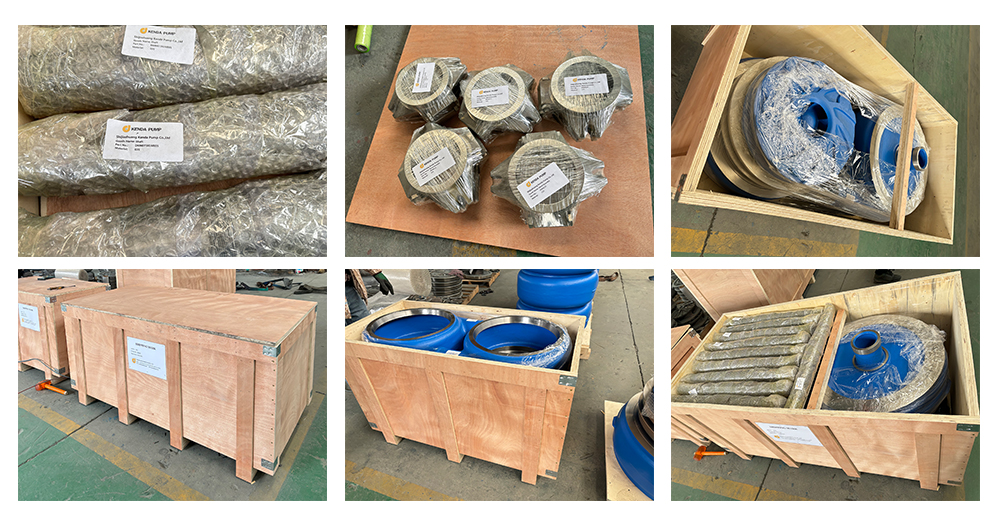 KENDA slurry pump spare parts packaging and shipping display, showing anti-rust treatment, waterproof wrapping, and fumigation-free wooden cases for global delivery