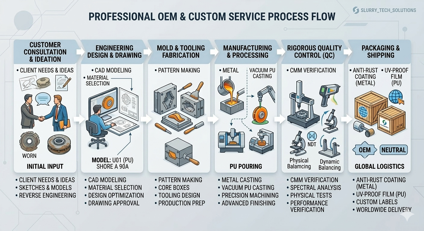 Professional OEM and custom slurry pump parts manufacturing process flow chart.